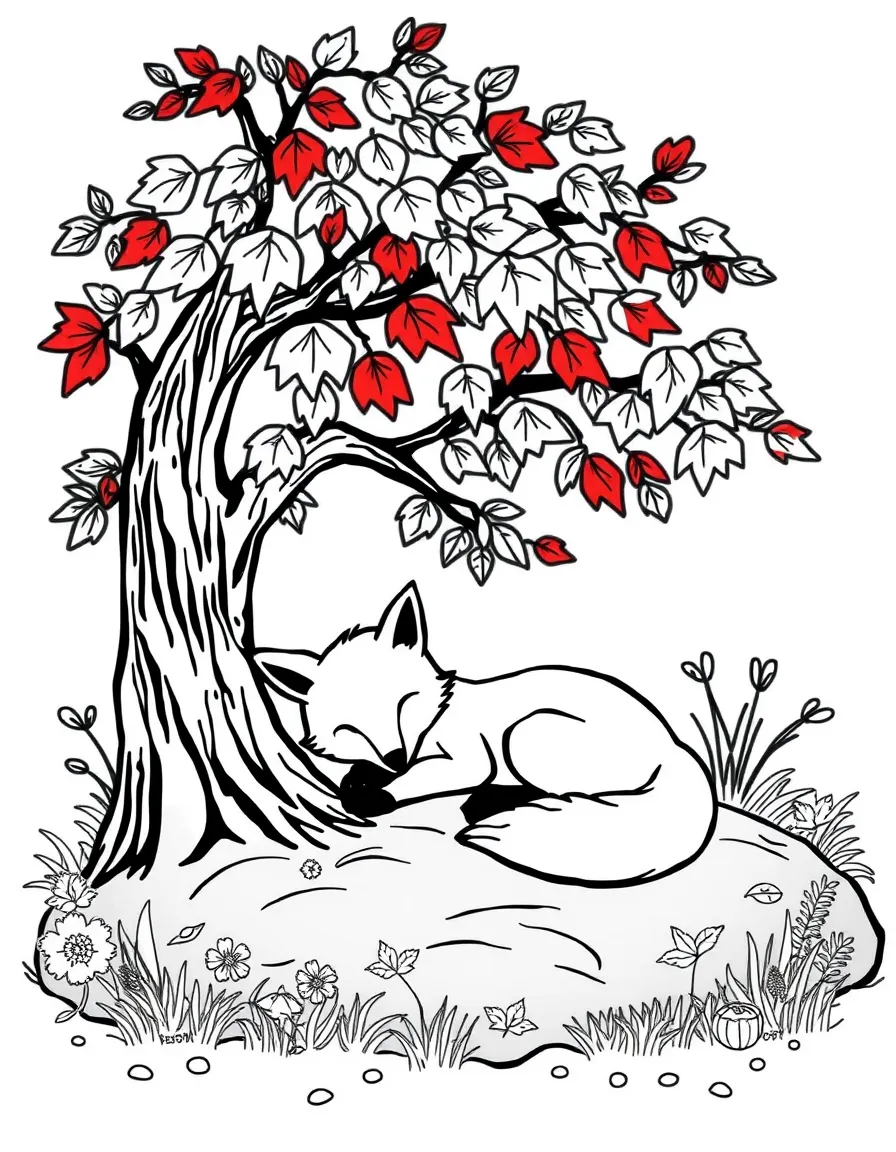 A friendly fox napping under a cozy autumn tree.
