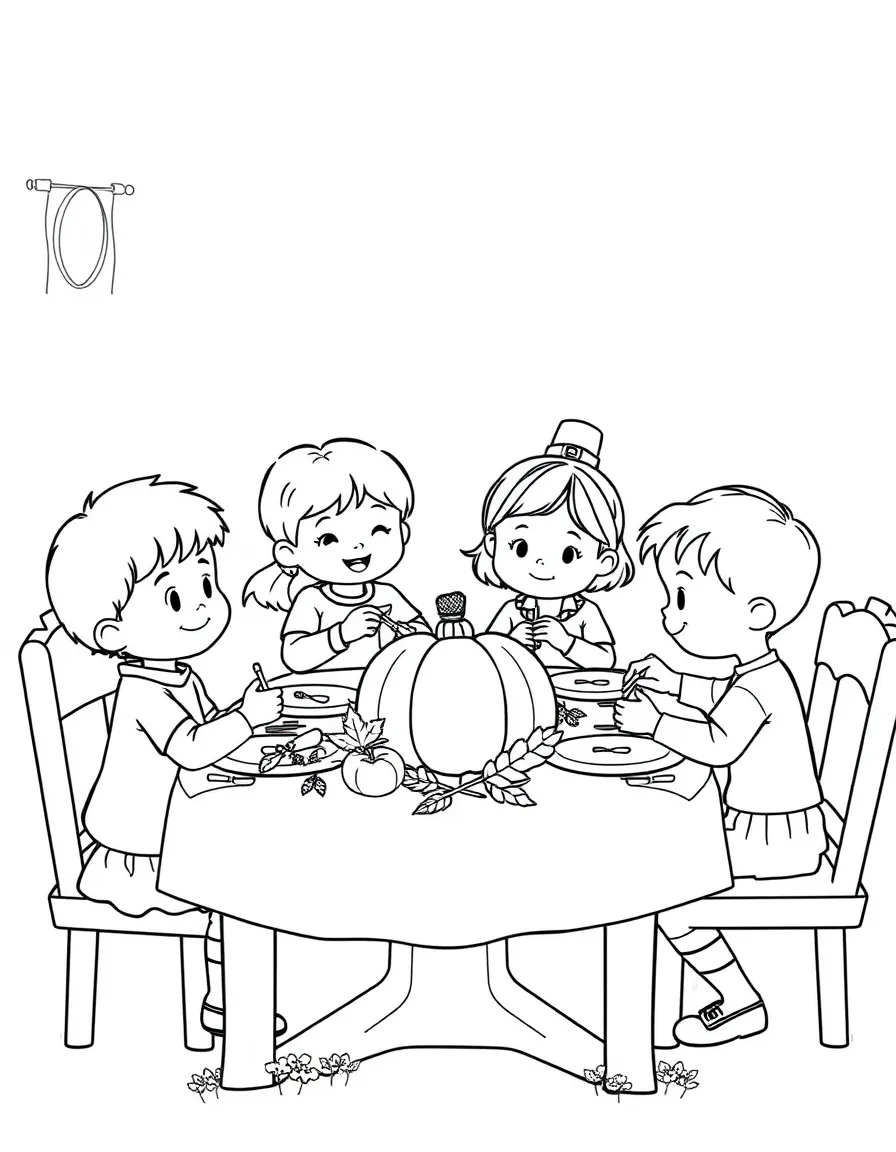 A group of children decorating a Thanksgiving table.