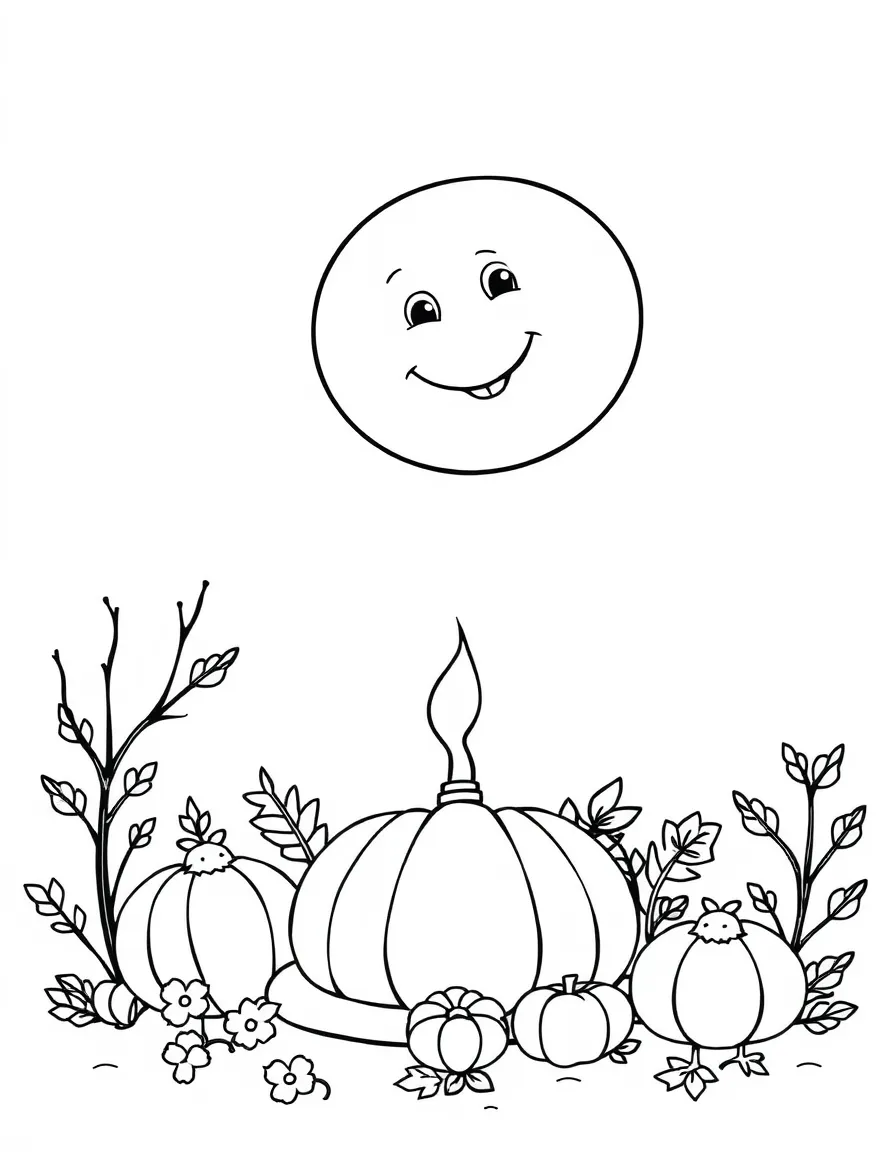 A smiling moon looking down on a Thanksgiving celebration.