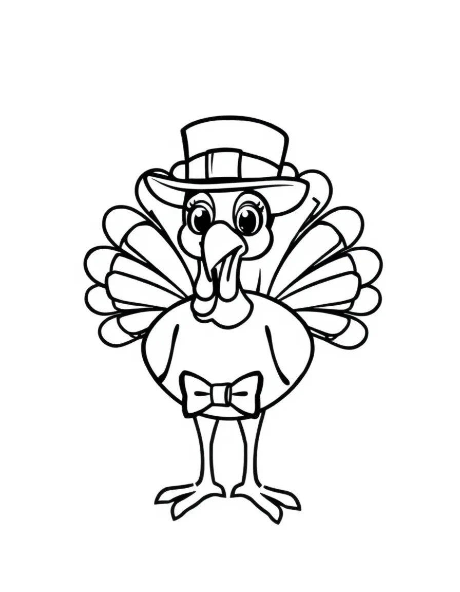 A cheerful turkey wearing a top hat and a bow tie.