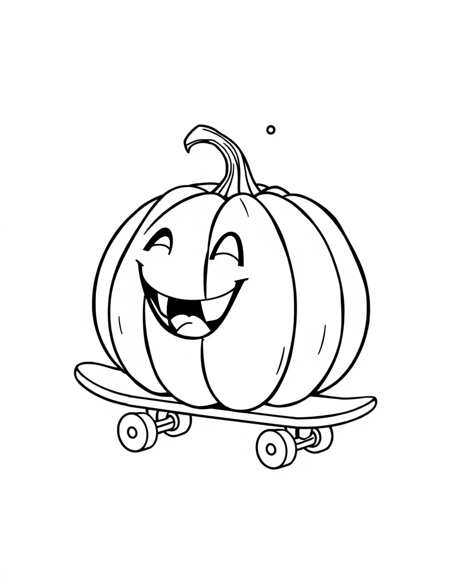 A big, happy pumpkin riding on a skateboard.
