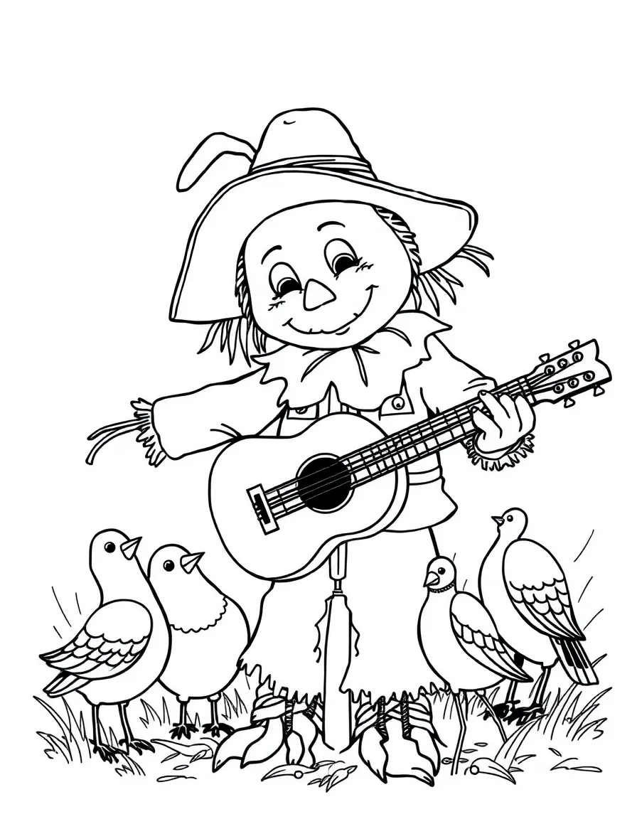A scarecrow playing a guitar for a group of friendly birds.