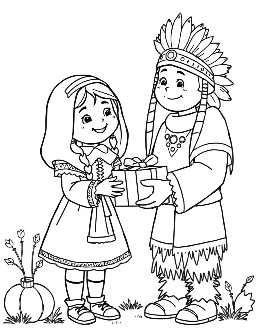 A happy pilgrim girl and Native American boy exchanging gifts.
