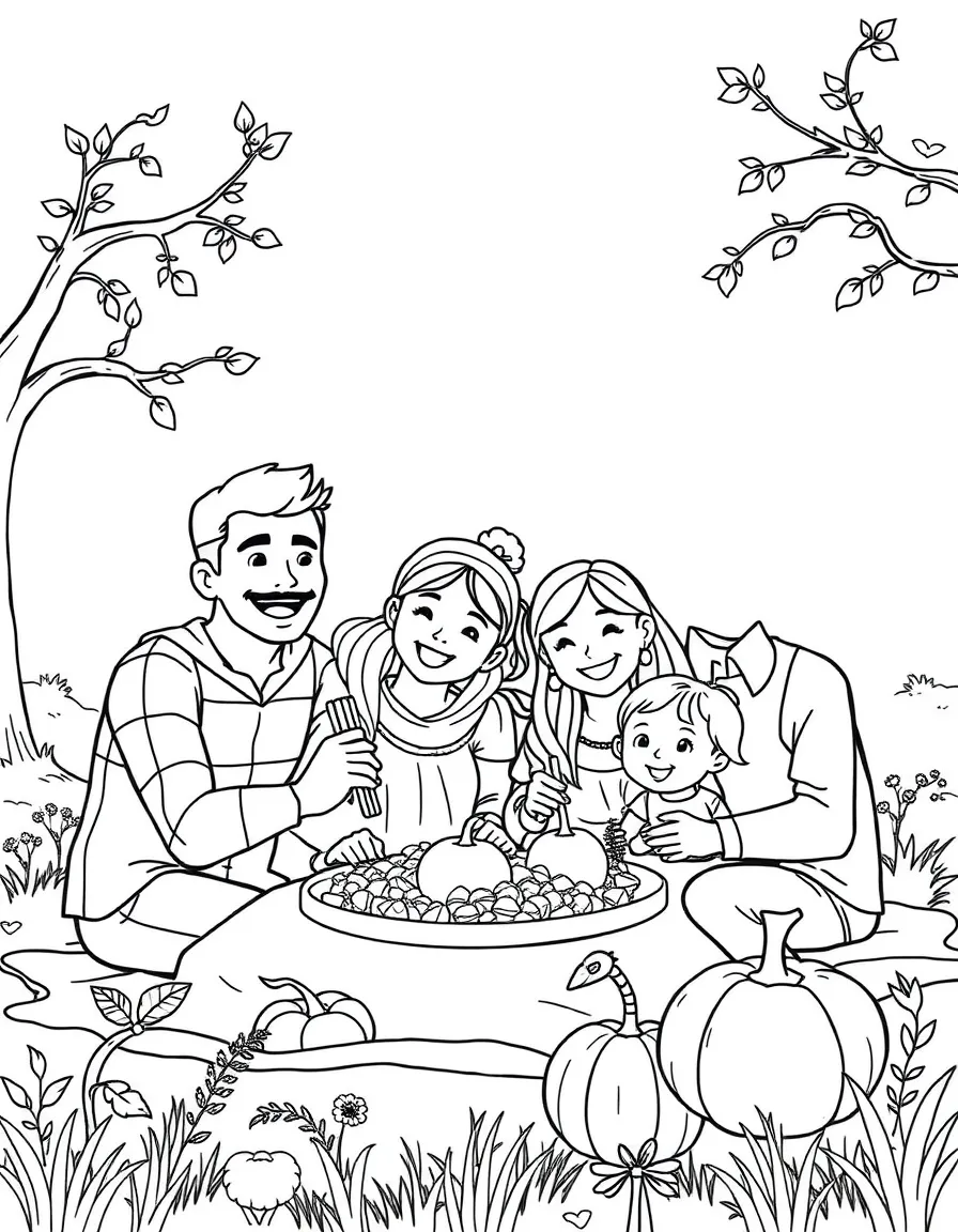 A happy family enjoying a Thanksgiving picnic outdoors.