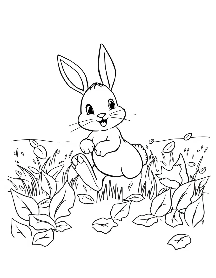A playful bunny hopping through a field of fallen leaves.