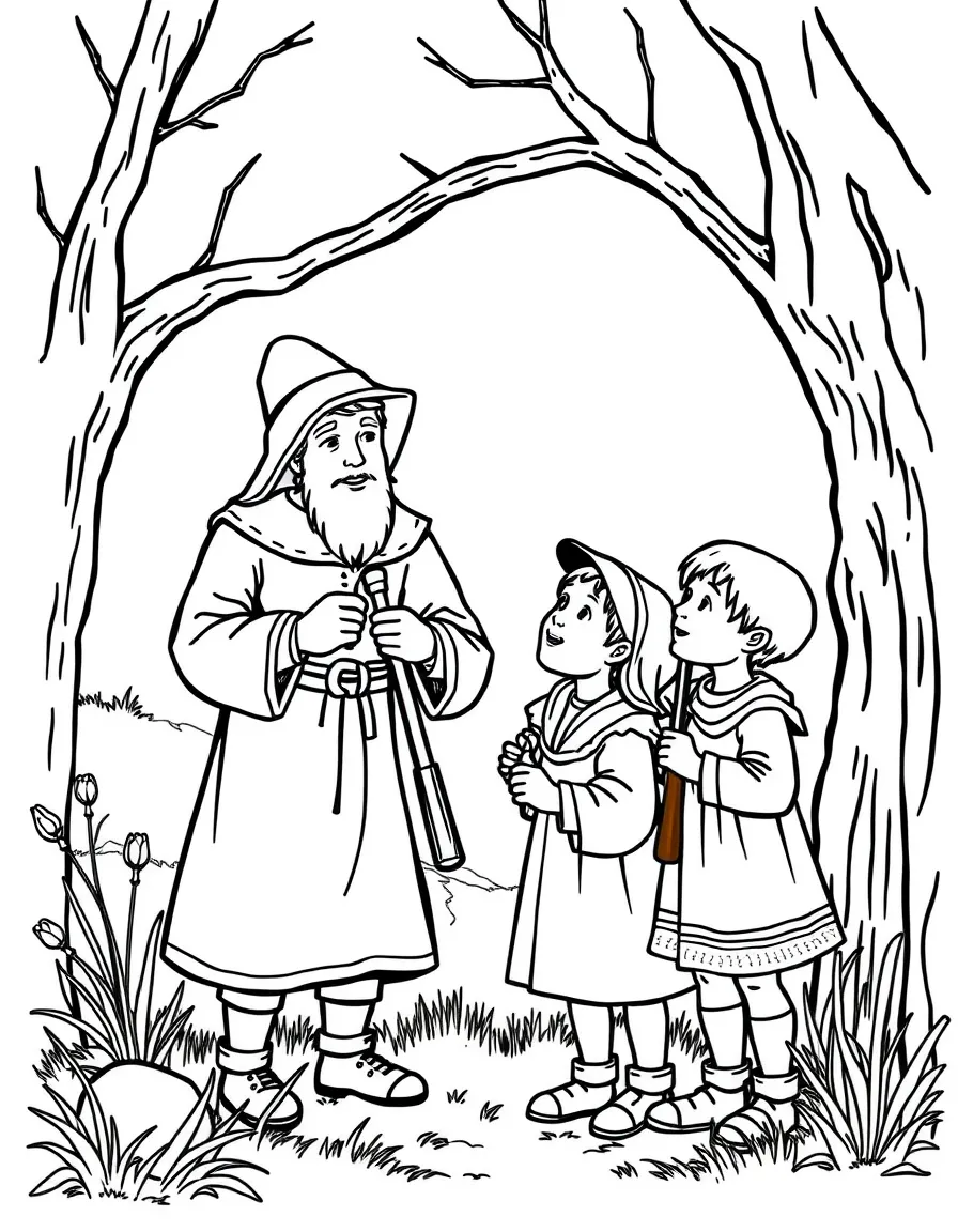 A pilgrim father teaching his children how to hunt.