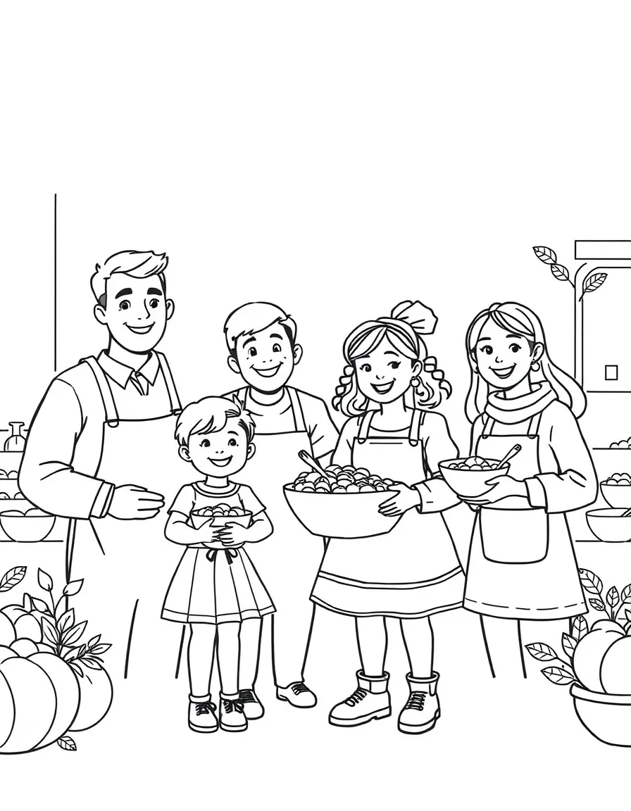 A happy family volunteering at a Thanksgiving soup kitchen.