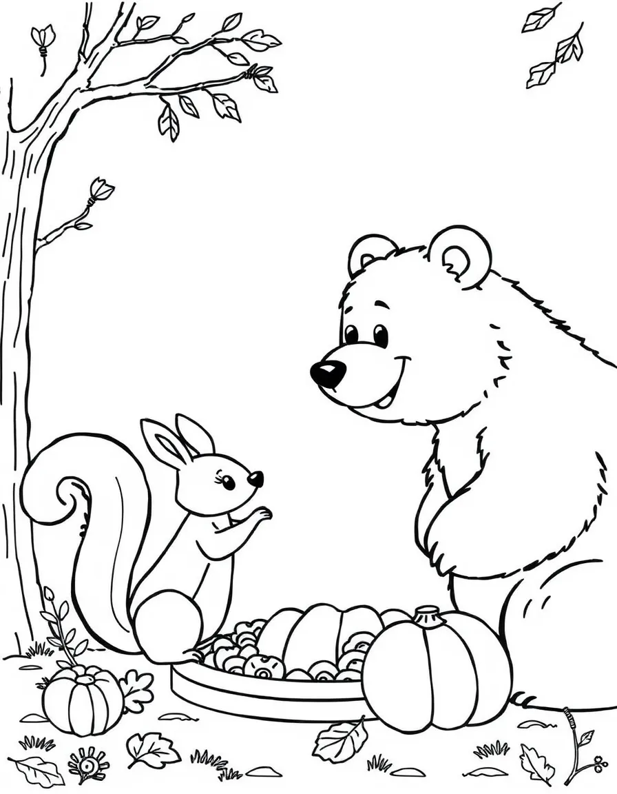A friendly bear inviting a squirrel to his Thanksgiving feast.