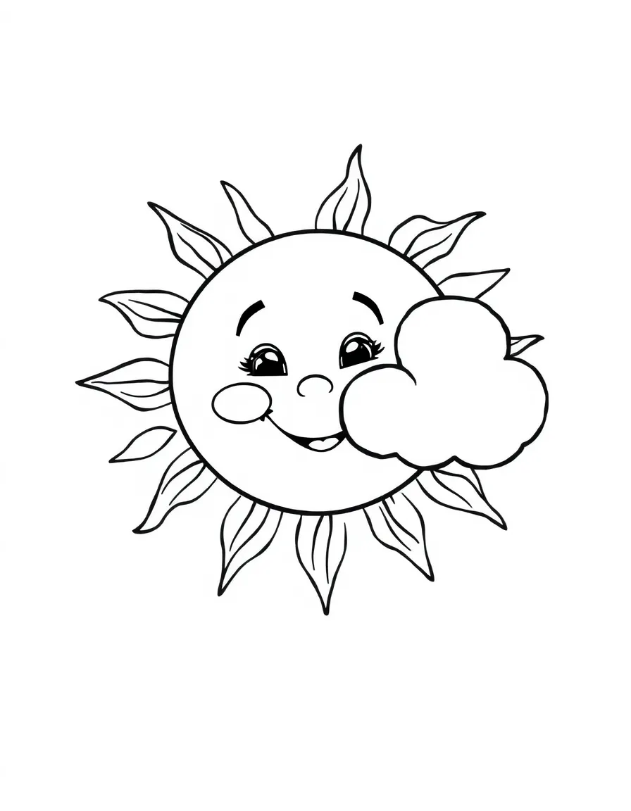A smiling sun playing peek-a-boo with a cloud.