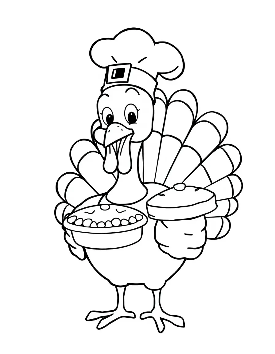 A cheerful turkey wearing a chef's hat and carrying a pie.