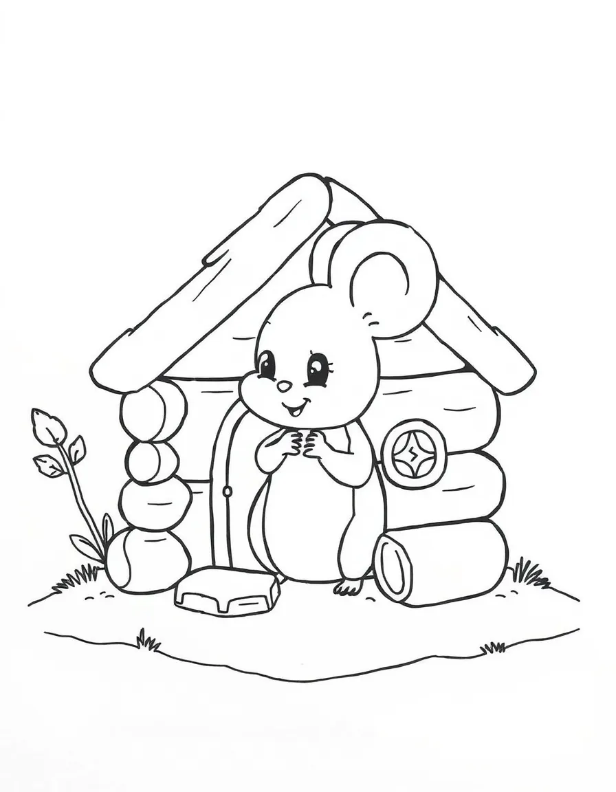 A cute little mouse building a tiny log cabin.