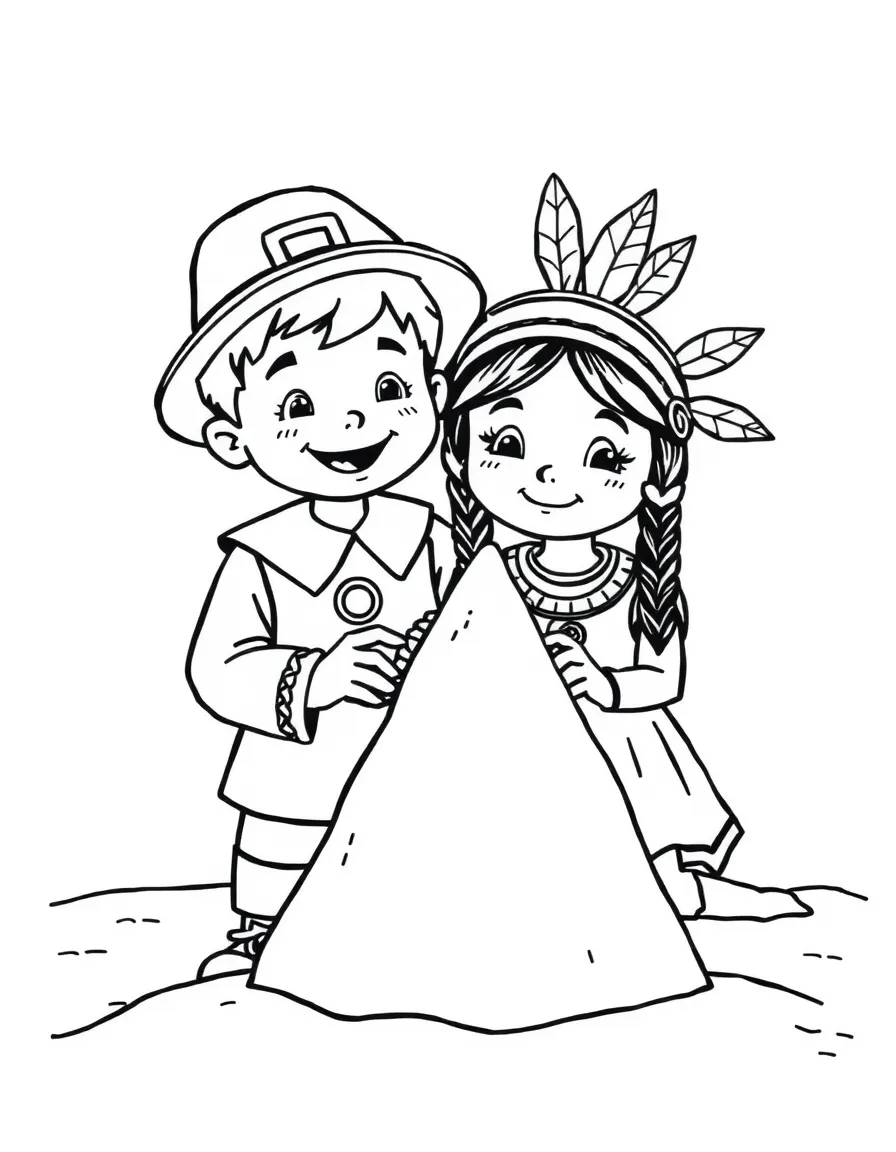 A happy pilgrim boy and Native American girl building a sandcastle.