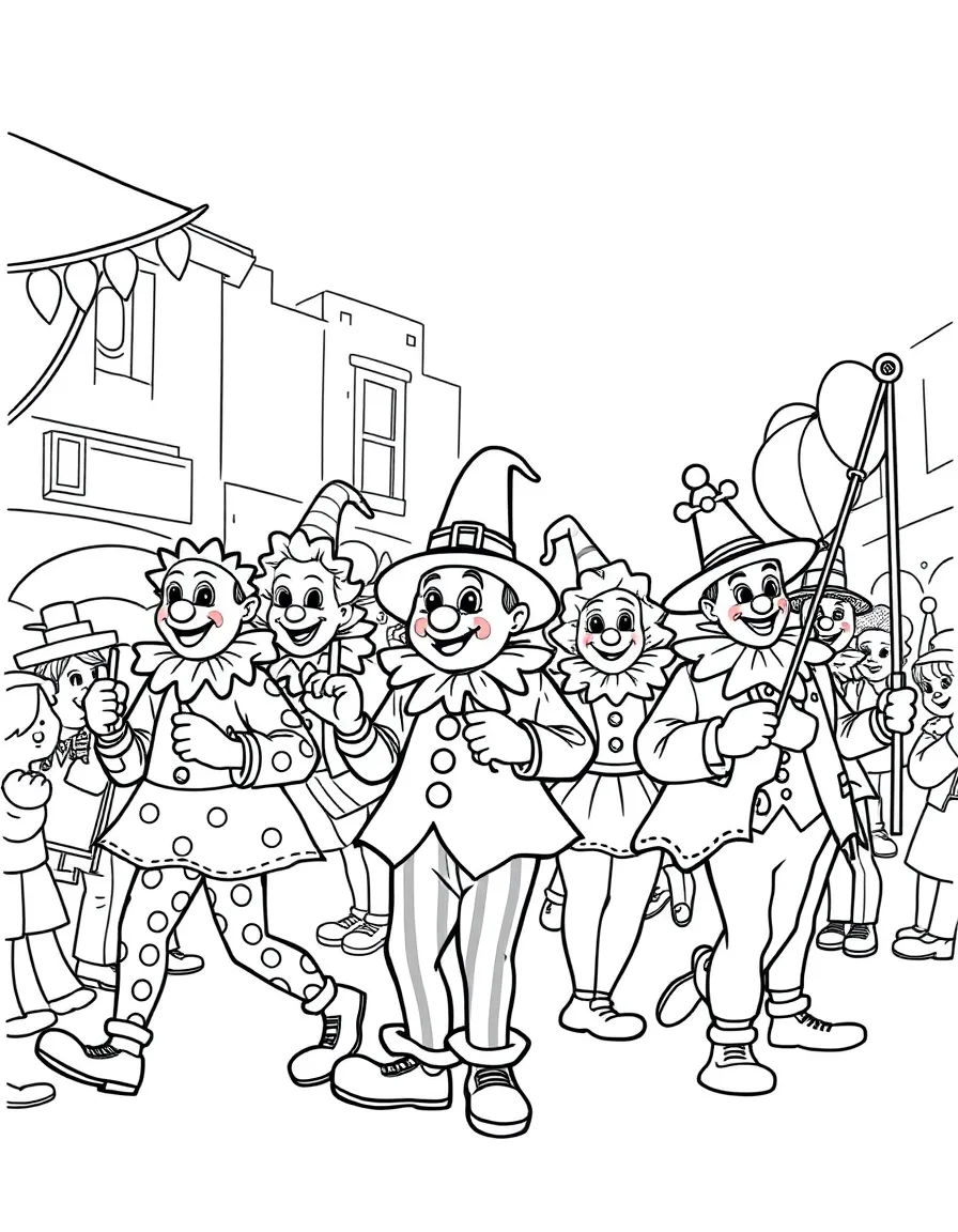 A Thanksgiving parade with clowns and jugglers.