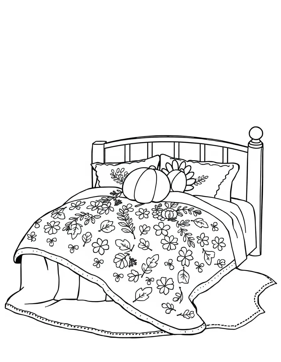 A cozy bed with a Thanksgiving-themed blanket.
