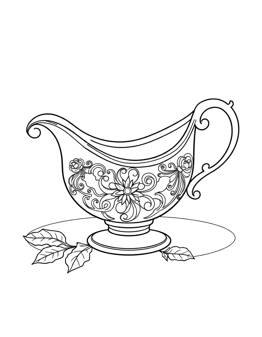 A detailed drawing of a Thanksgiving gravy boat.