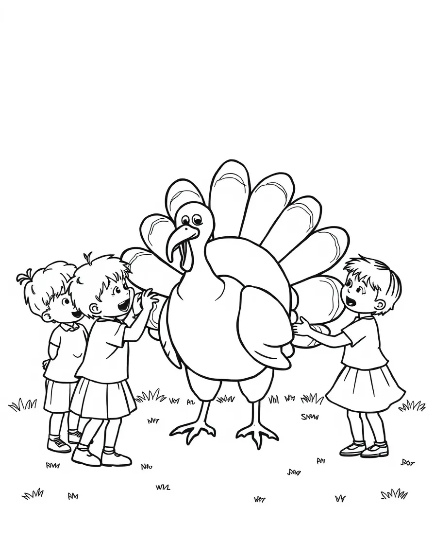 A group of children playing "pin the tail on the turkey."