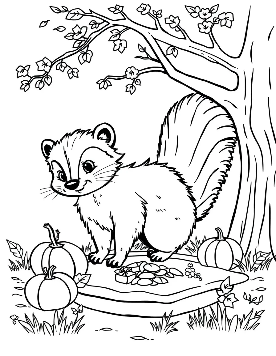 A playful skunk trying to join a Thanksgiving picnic.