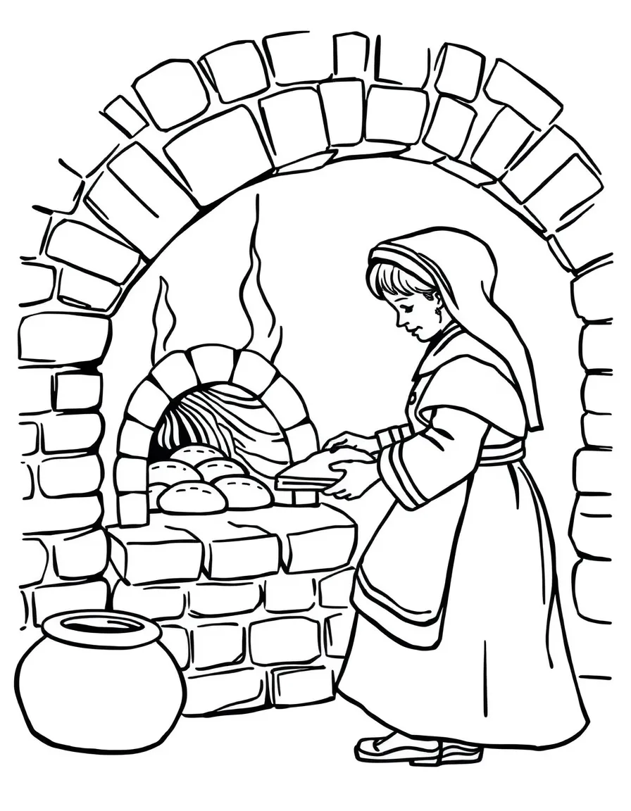 A pilgrim mother baking bread in a brick oven.