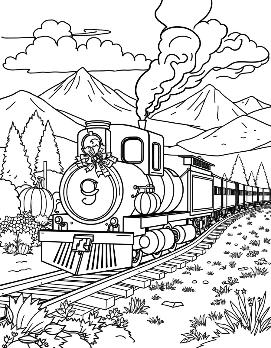 A Thanksgiving-themed train chugging through a scenic landscape.