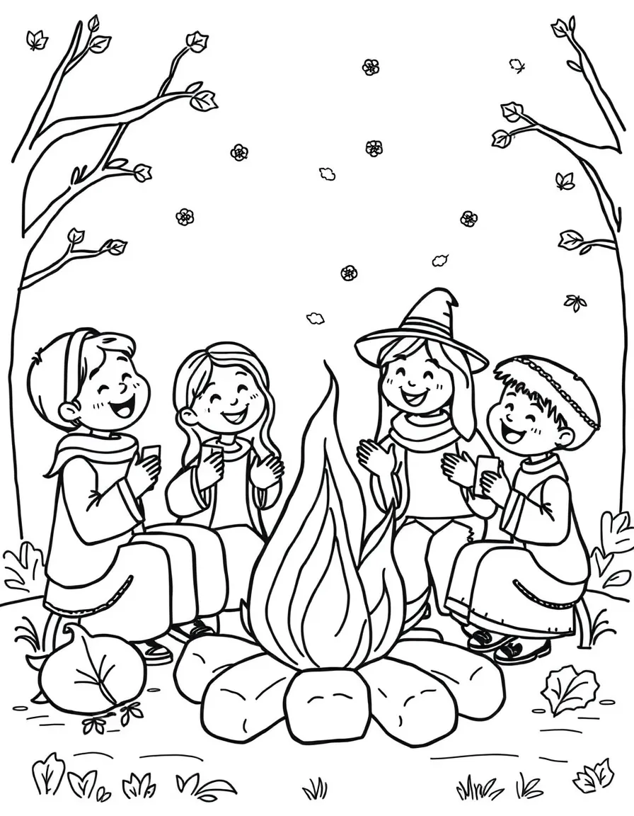 A happy family singing Thanksgiving songs around a bonfire.