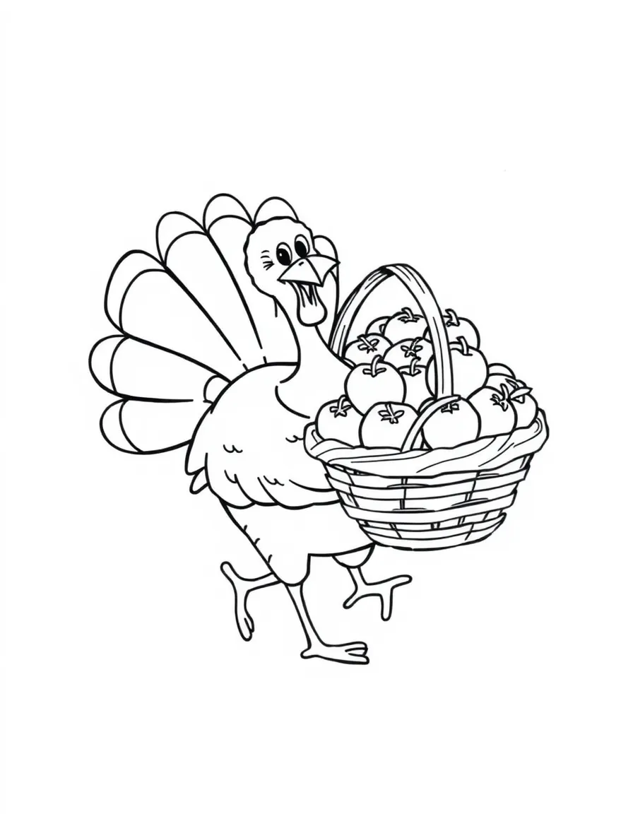 A cheerful turkey carrying a big basket of apples.