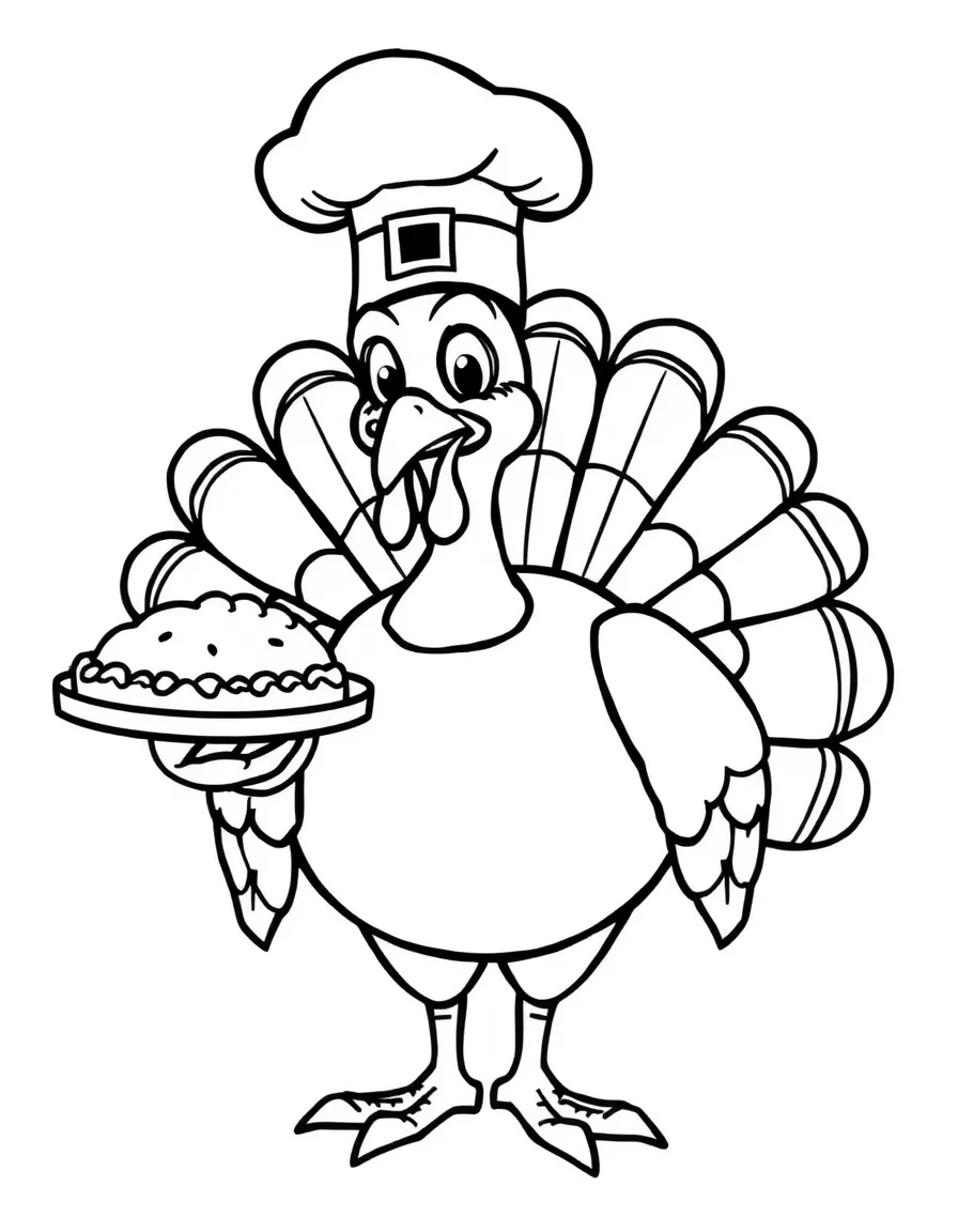 A plump turkey wearing a chef's hat, holding a pie.