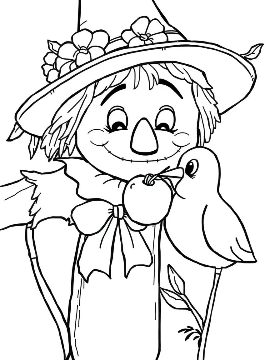 A scarecrow offering an apple to a friendly bird.