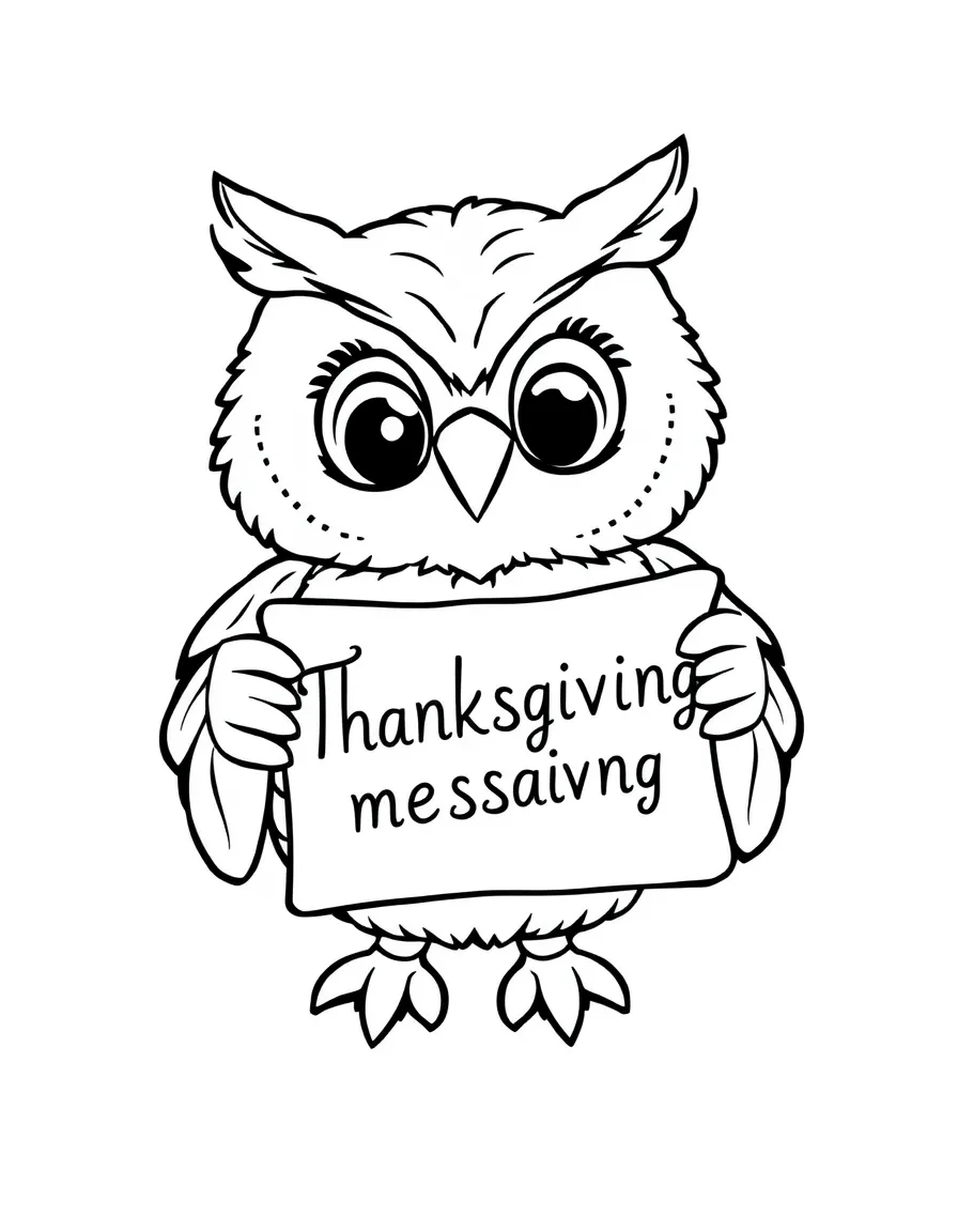 A cute owl delivering a Thanksgiving message scroll.