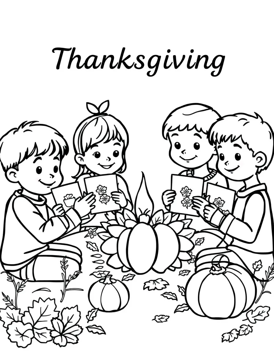 A group of kids making Thanksgiving cards for their family.