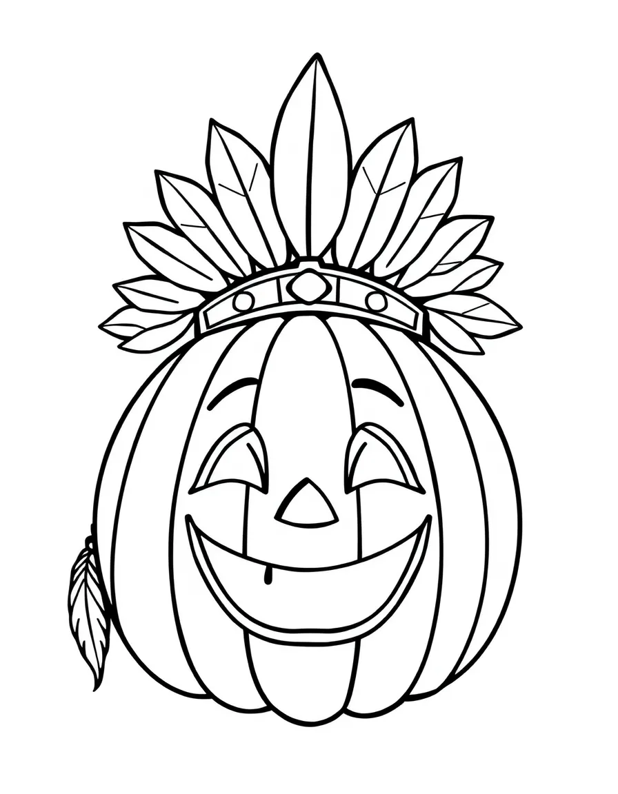 A smiling pumpkin wearing a small Native American headdress.