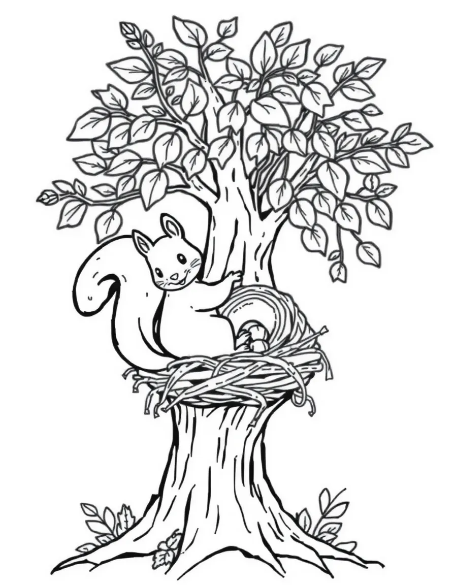 A friendly squirrel building a nest in an autumn tree.