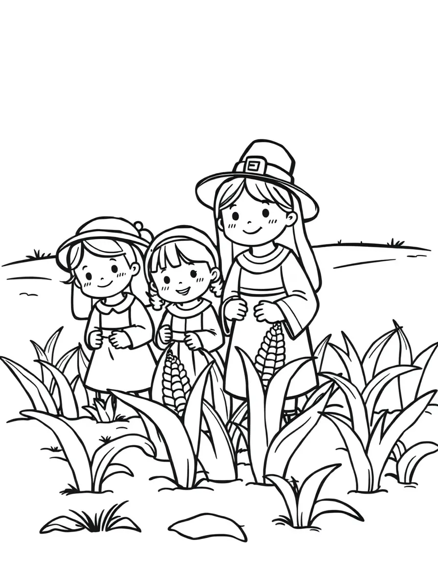 A family of cartoon pilgrims planting corn in a field.