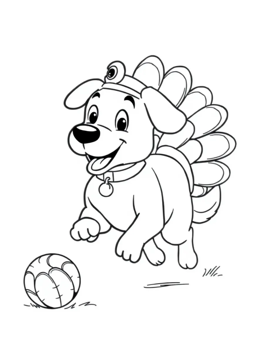 A happy dog dressed as a turkey, chasing a ball.
