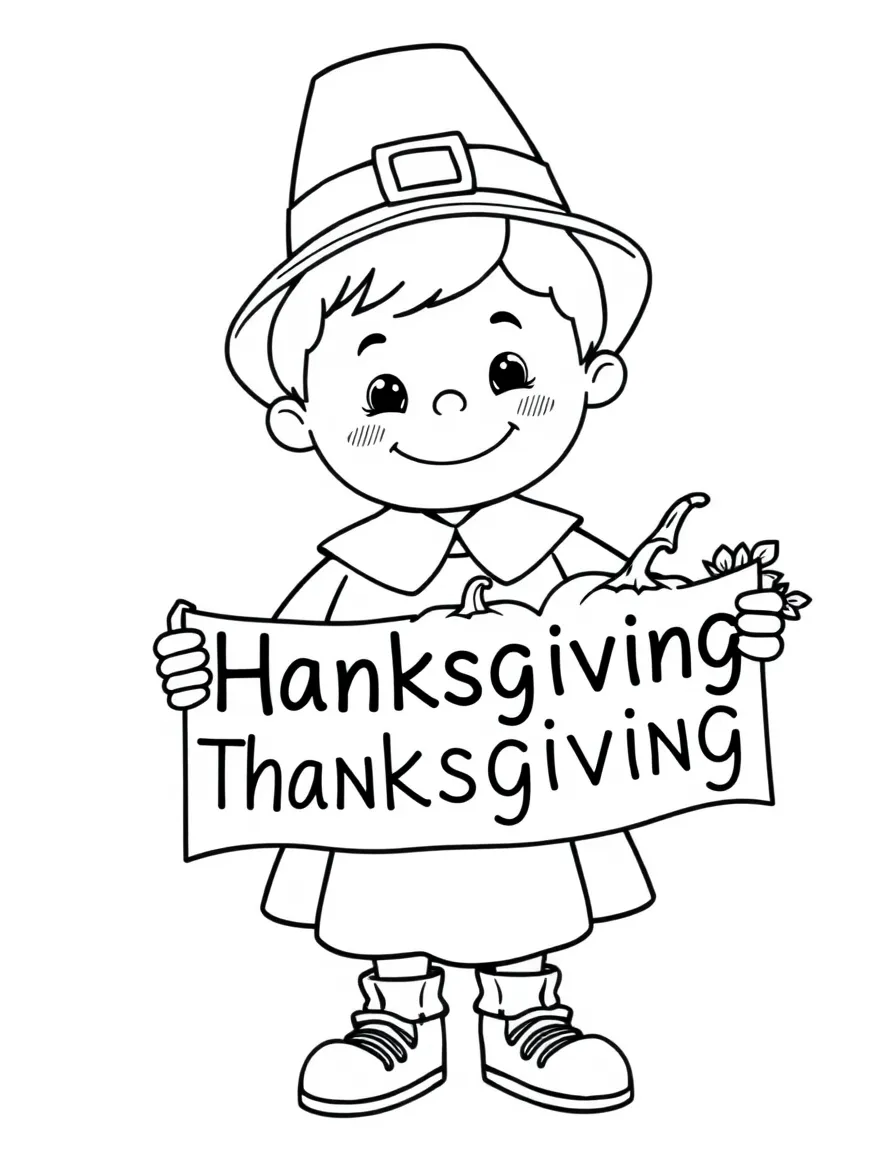 A cheerful pilgrim boy holding a Thanksgiving banner with pumpkins.