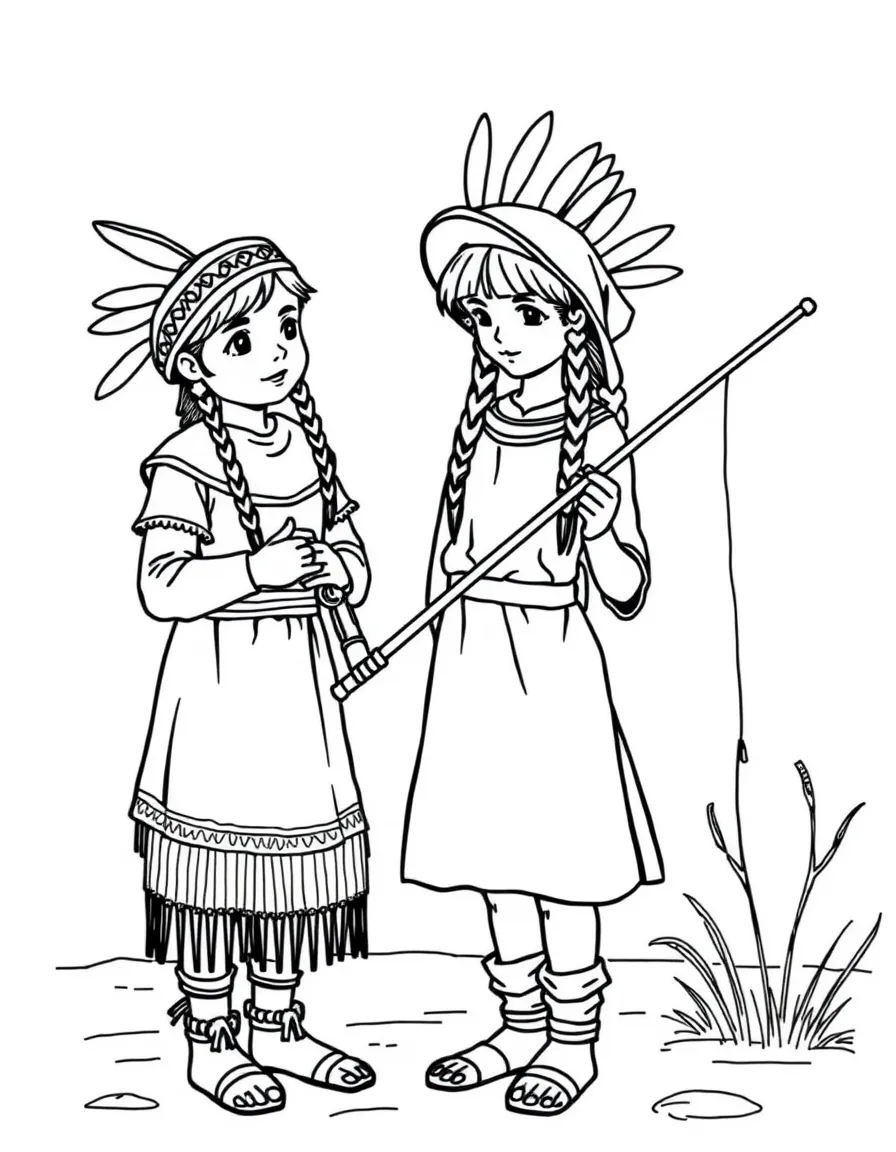 A kind Native American girl showing a pilgrim how to fish.