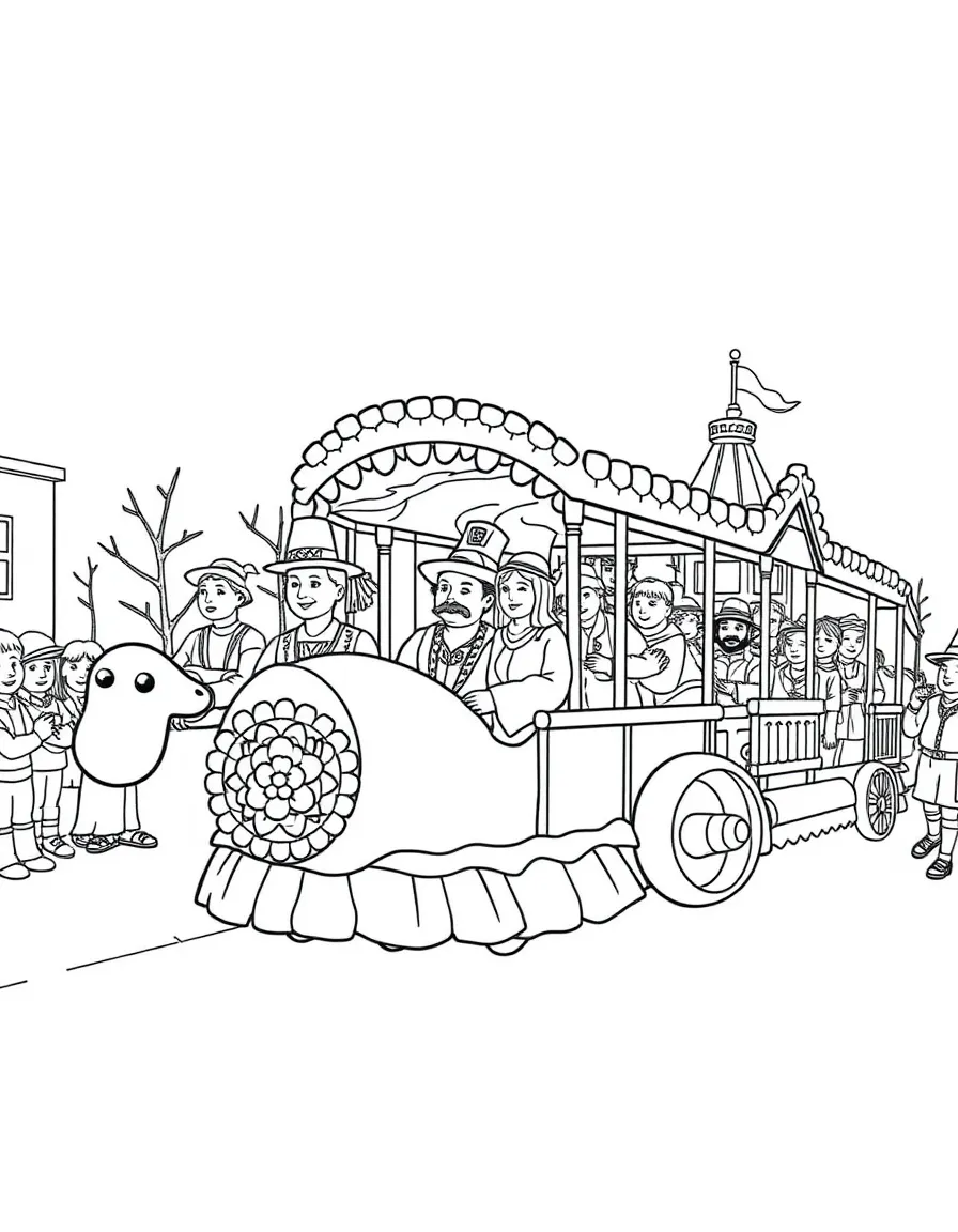 A Thanksgiving parade with floats shaped like historical scenes.