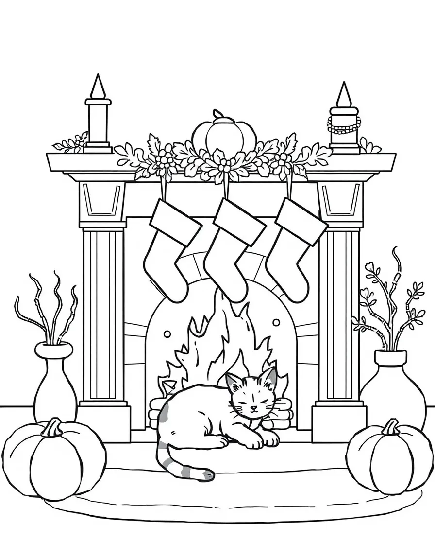 A cozy fireplace with Thanksgiving stockings and a sleeping cat.