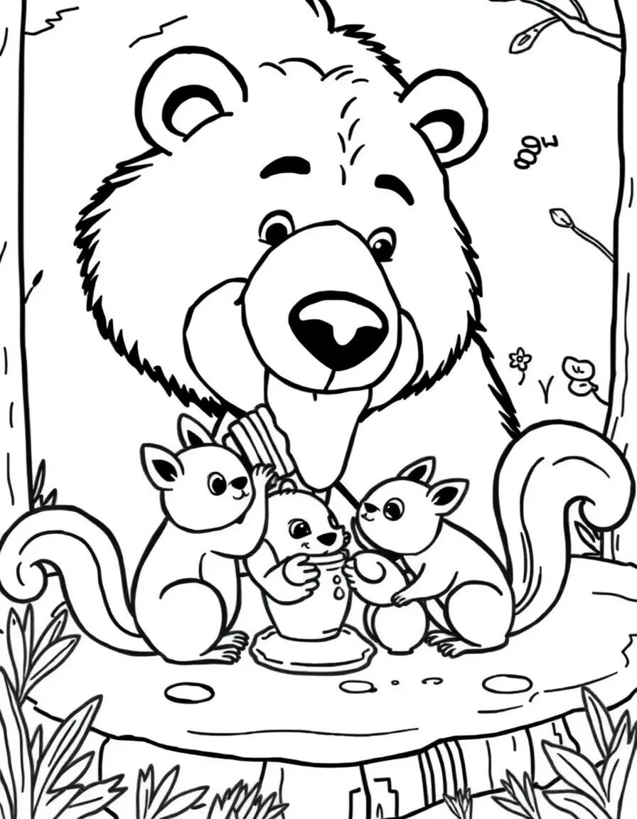 A friendly bear sharing honey with a family of squirrels.
