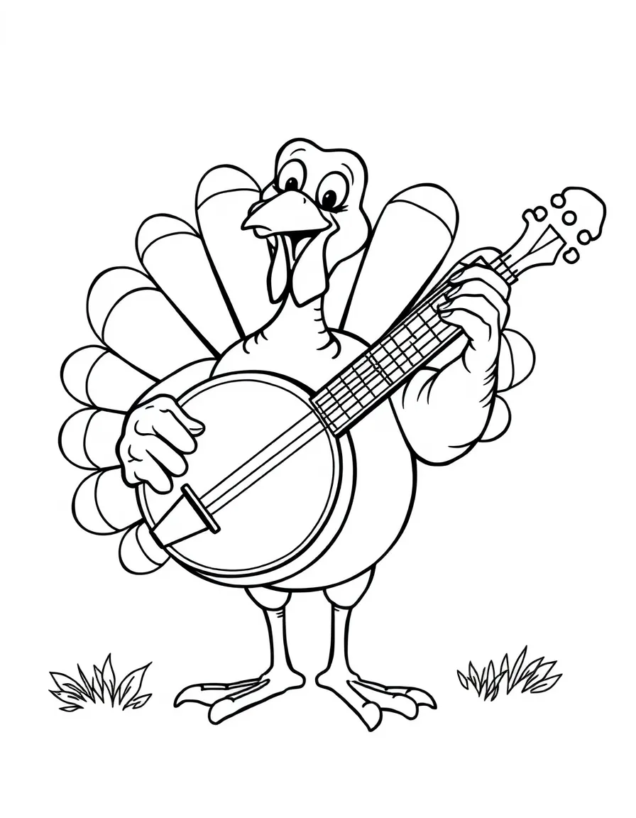A cheerful turkey playing a banjo.