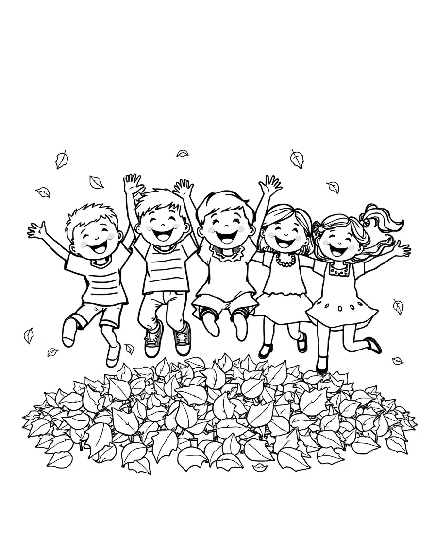 A group of happy children jumping in a pile of leaves.