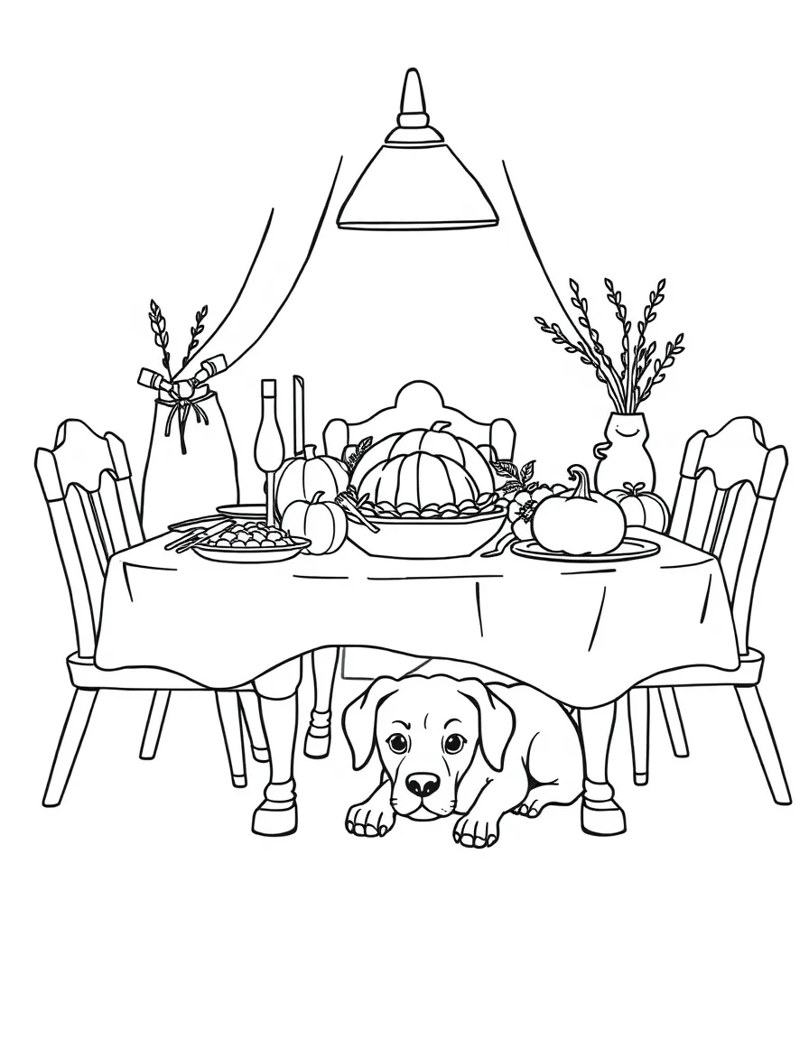 A detailed Thanksgiving dinner scene with a pet dog under the table.