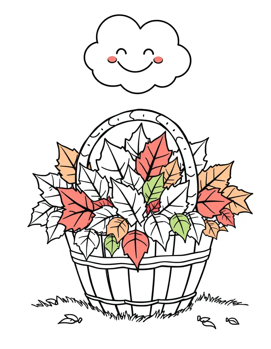 A basket full of colorful autumn leaves, with a smiling cloud above.