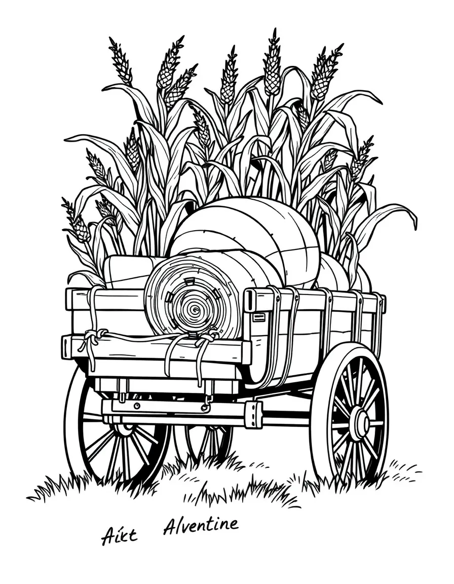 A wagon overflowing with corn stalks and hay bales.