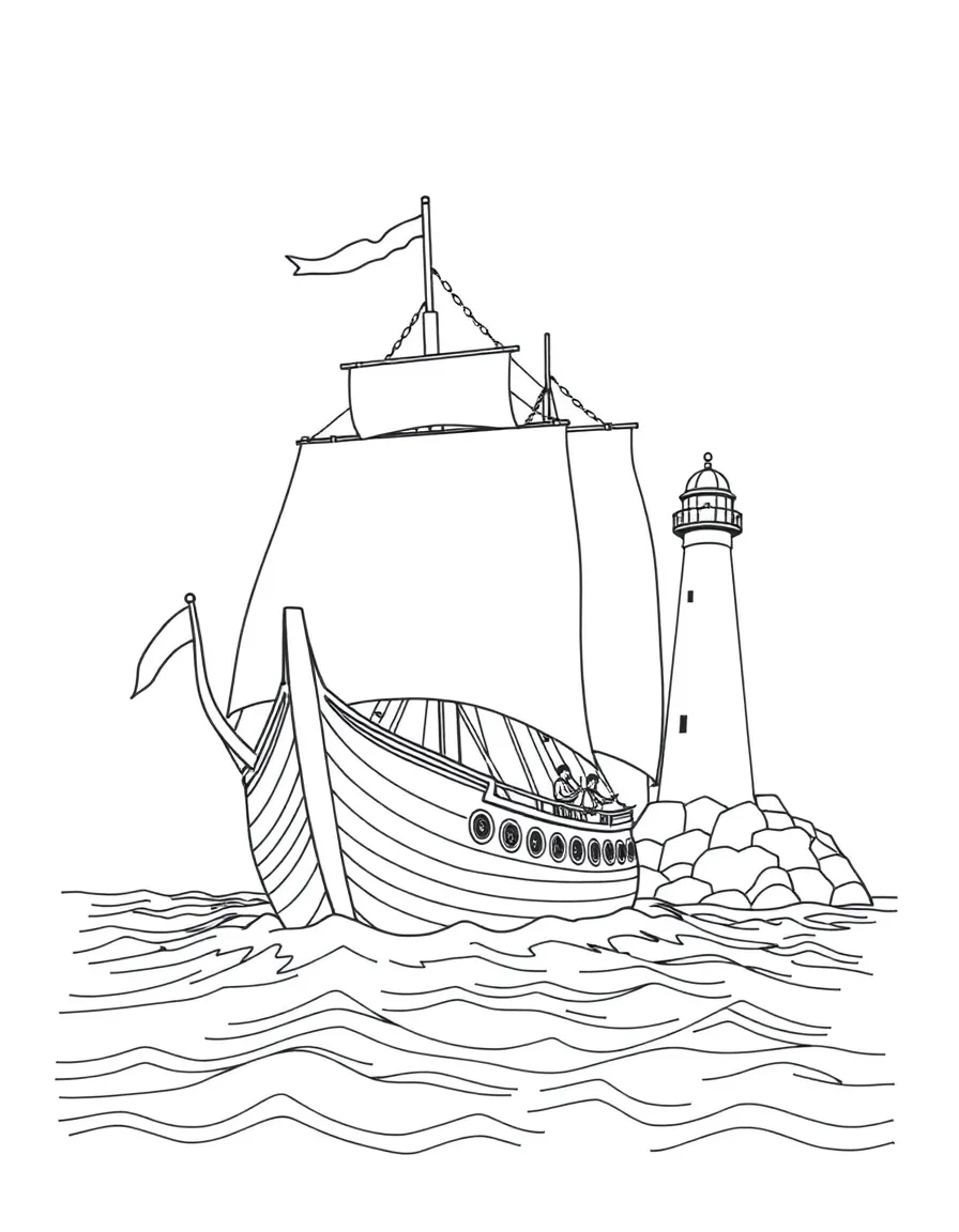 A pilgrim ship with sails full, approaching a lighthouse.