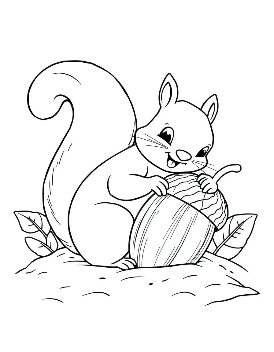A happy squirrel burying a giant acorn.
