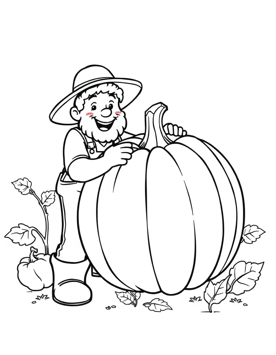 A friendly farmer picking a giant pumpkin.