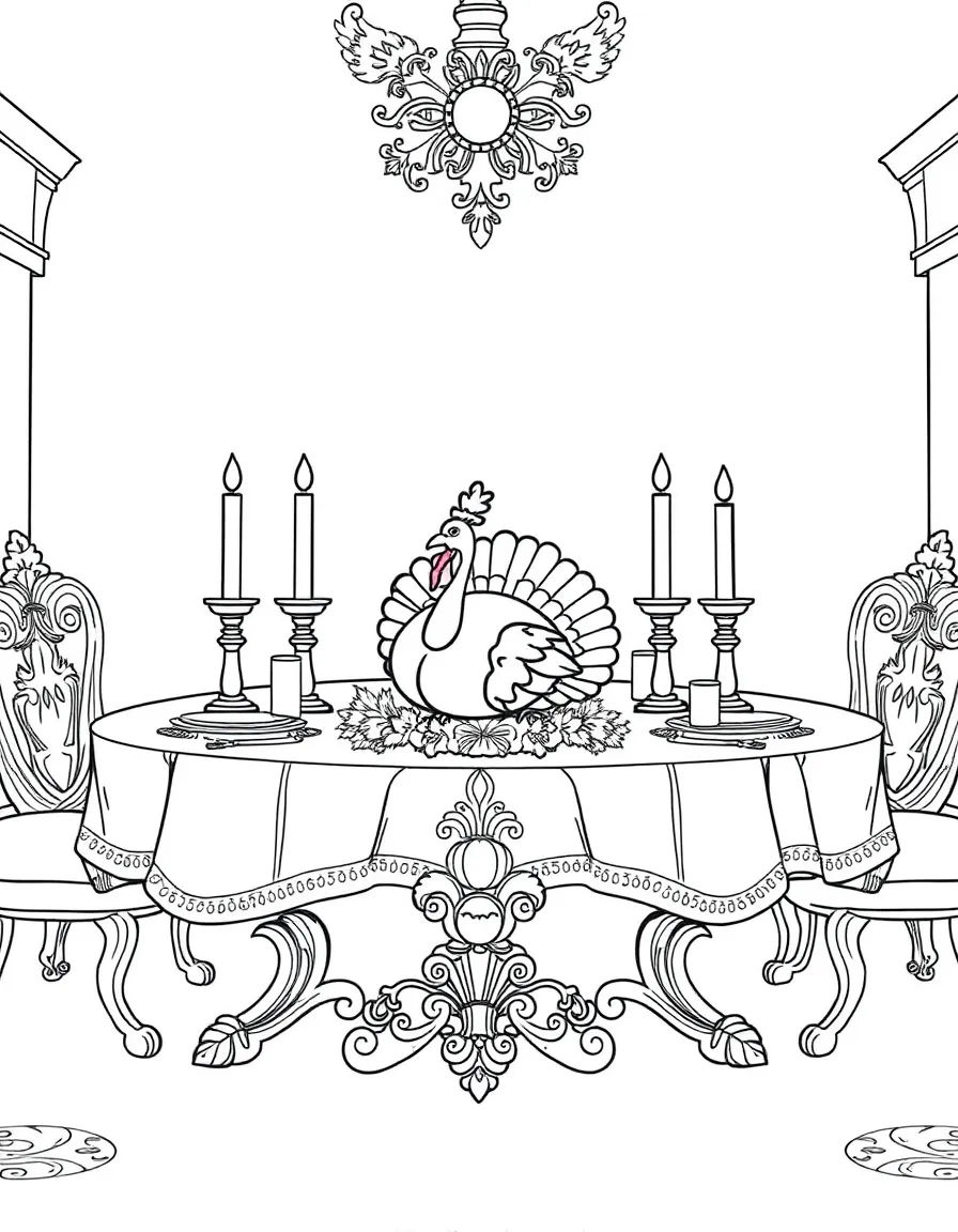A large, ornate Thanksgiving table with candles and a turkey.
