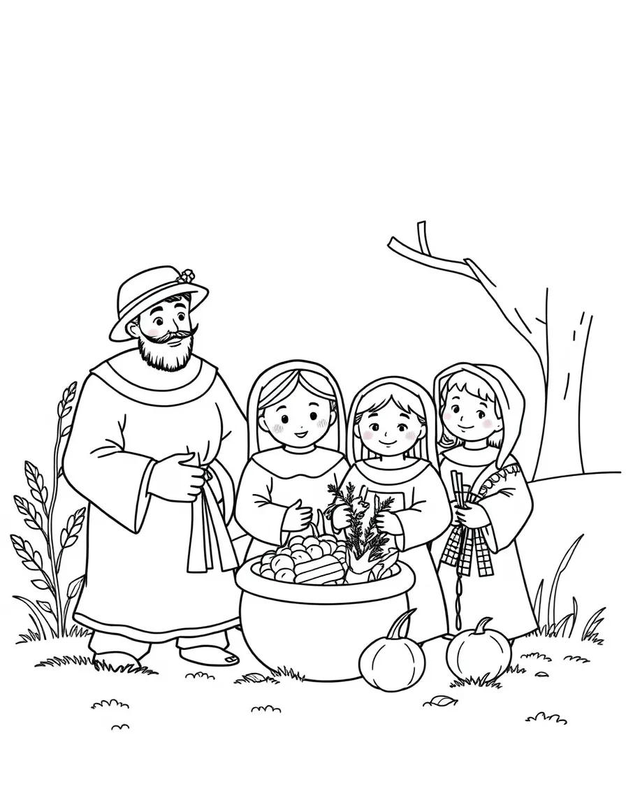 A pilgrim family celebrating their first harvest.