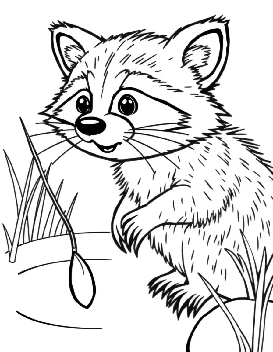 A playful raccoon fishing in a pond.
