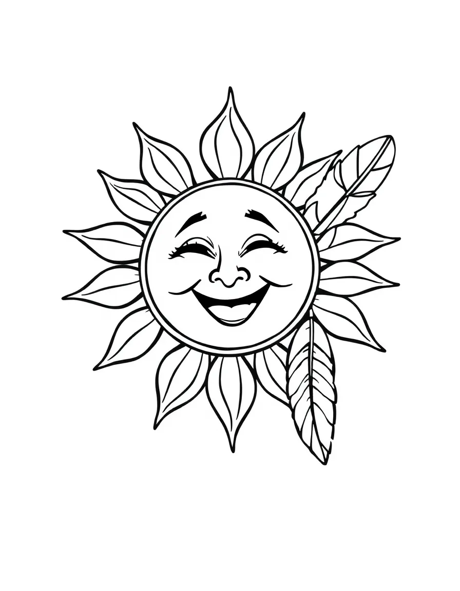A smiling sun wearing a Native American feather.